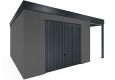 Garden house with garage door and 1,5m right side carport in dark grey